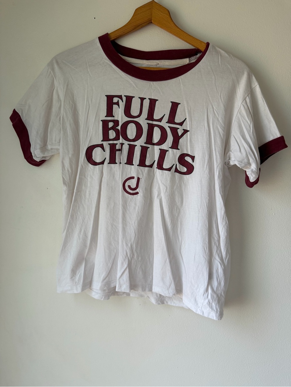 Crime Junkie White Ringer Tee with Maroon 'Full Body Chills' Graphic